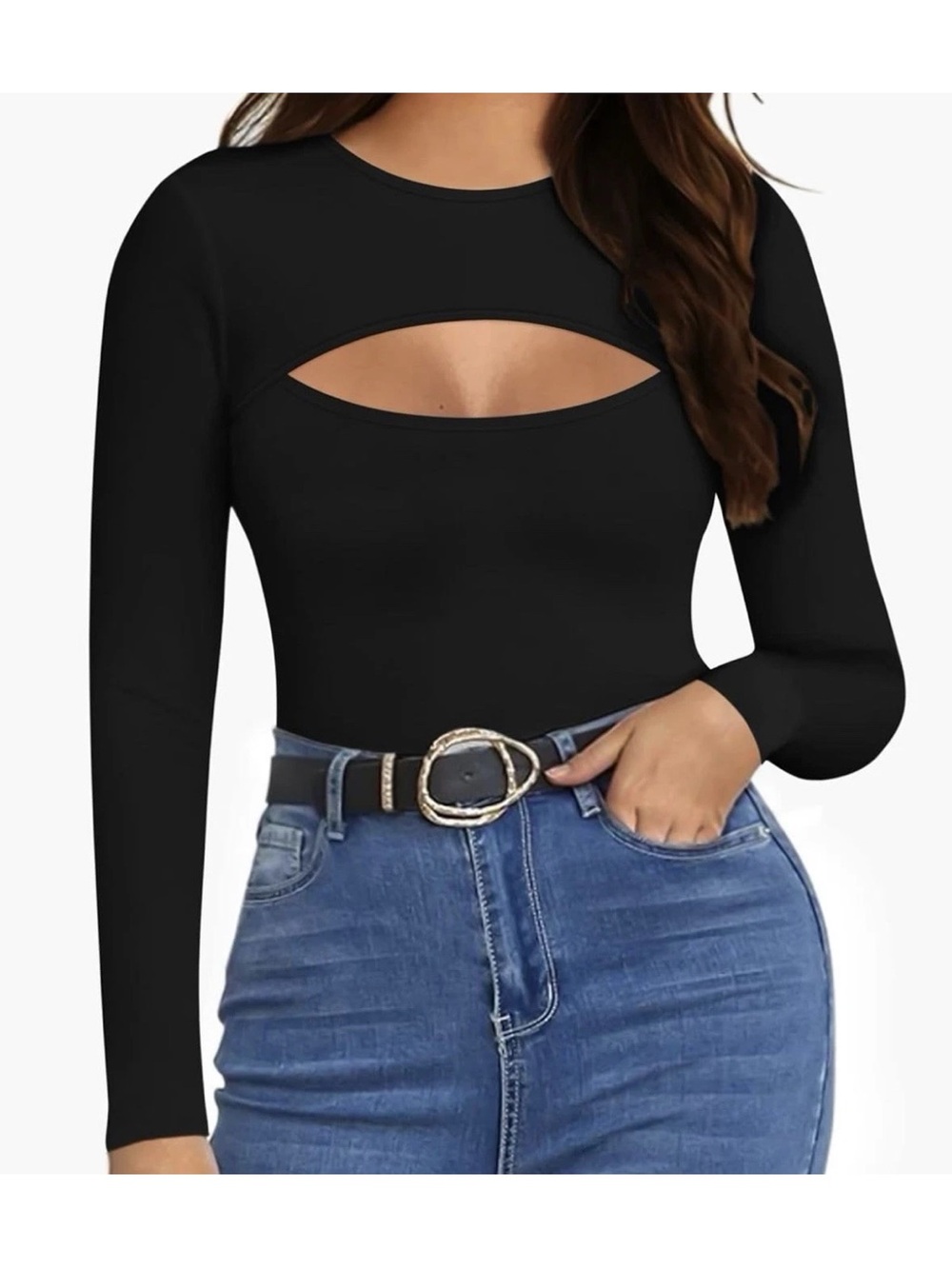 Mango Black Long Sleeve Cutout Knit Top